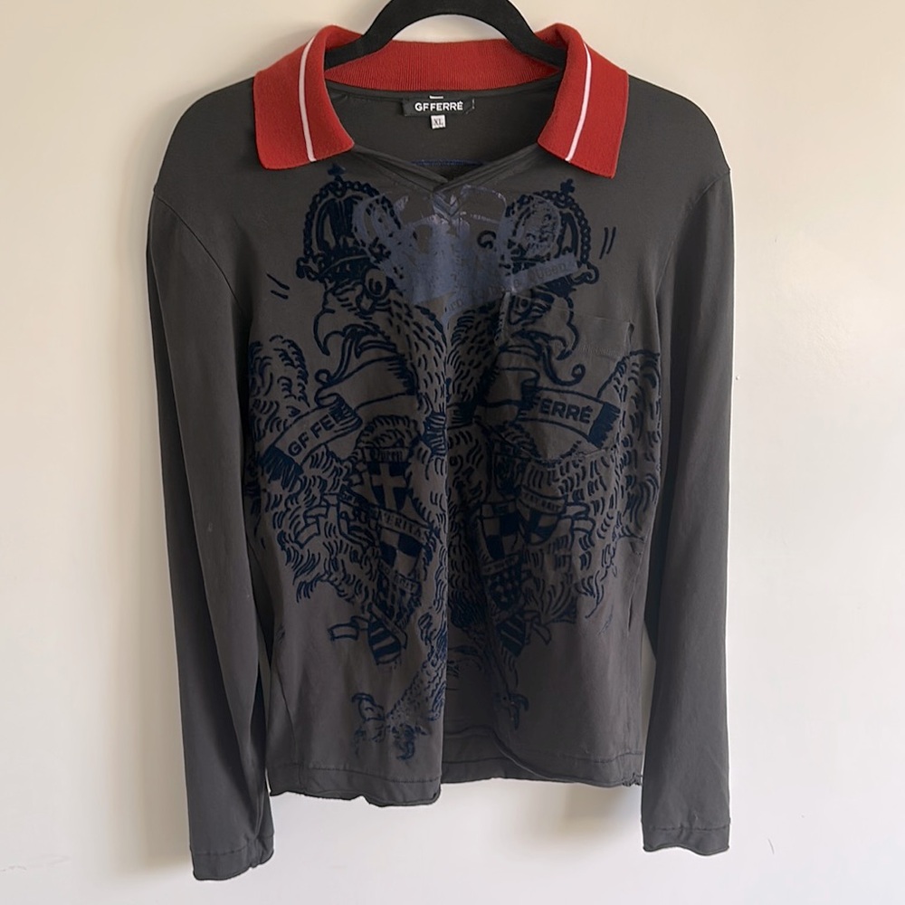 Vintage GF Ferre Men's Black Long Sleeve Pattern Polo Shirt with Red Collar